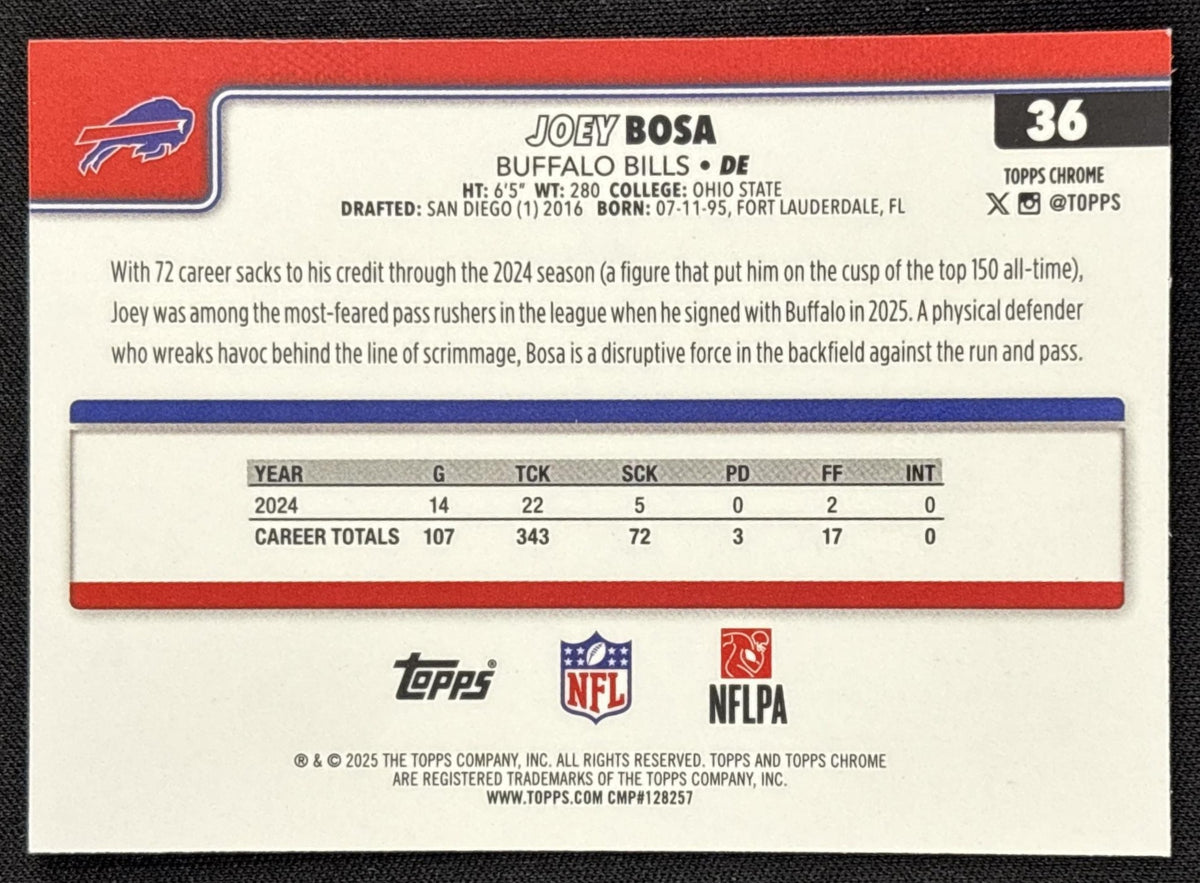 Joey Bosa 2025 Topps Chrome Pink Refractor /250 Bills