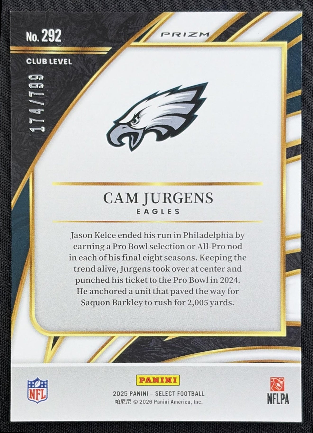 Cam Jurgens 2025 Panini Select Club Level White Prizm Shock /799 Eagles