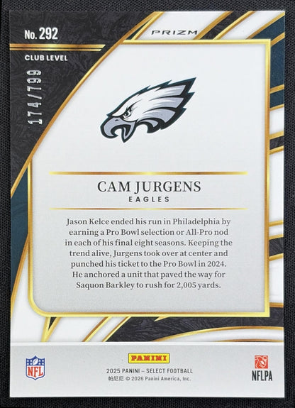 Cam Jurgens 2025 Panini Select Club Level White Prizm Shock /799 Eagles