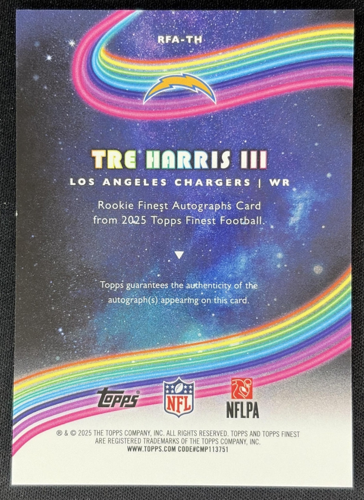Tre Harris III 2025 Topps Finest Rookie Auto Chargers back
