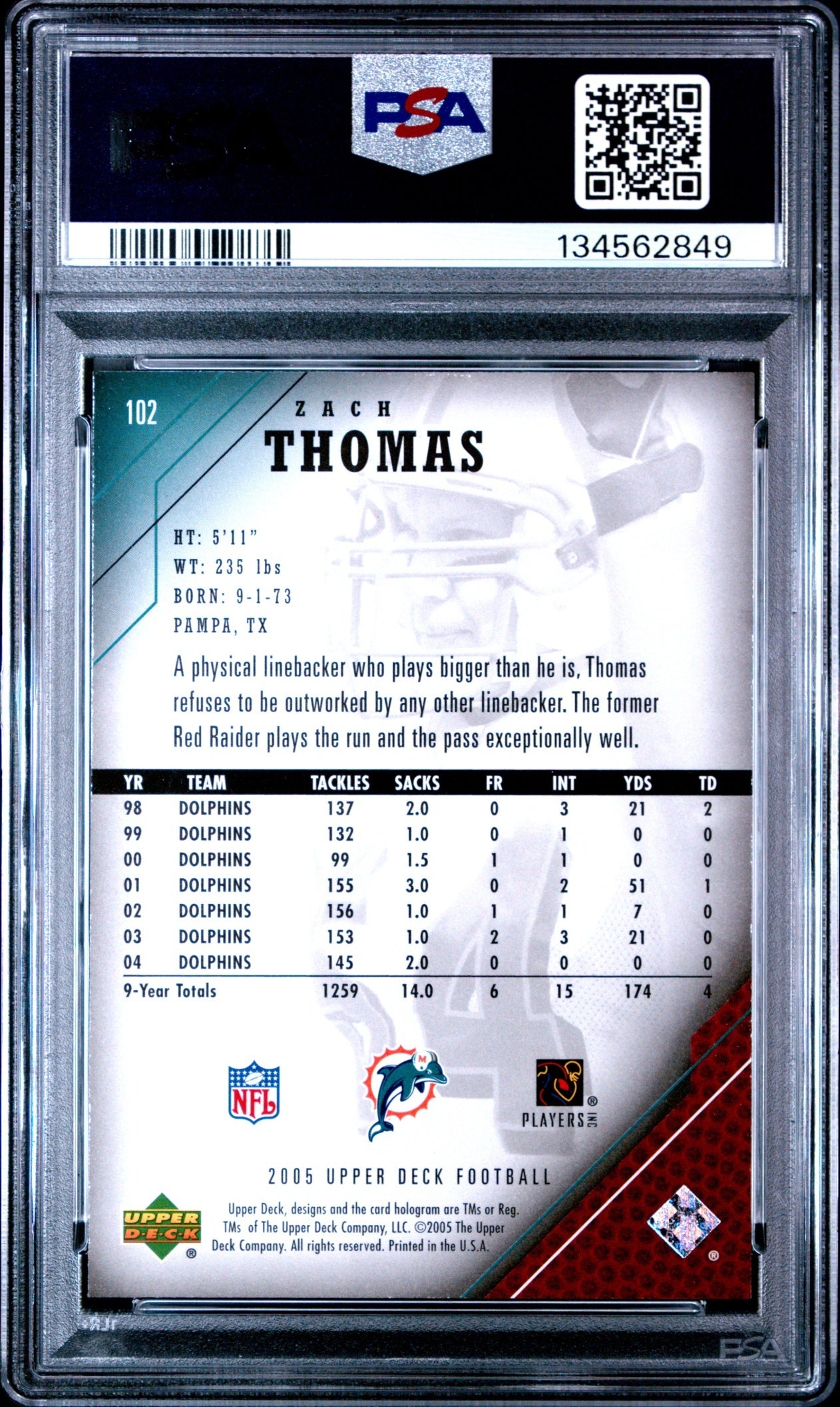 Zach Thomas 2005 Upper Deck PSA 10 Dolphins back