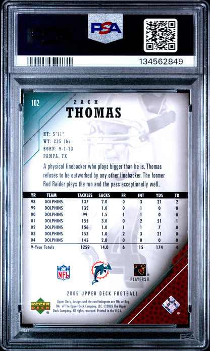 Zach Thomas 2005 Upper Deck PSA 10 Dolphins back