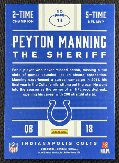 Peyton Manning 2016 Panini Donruss The Sheriff Tribute Red Foil Colts 14 back
