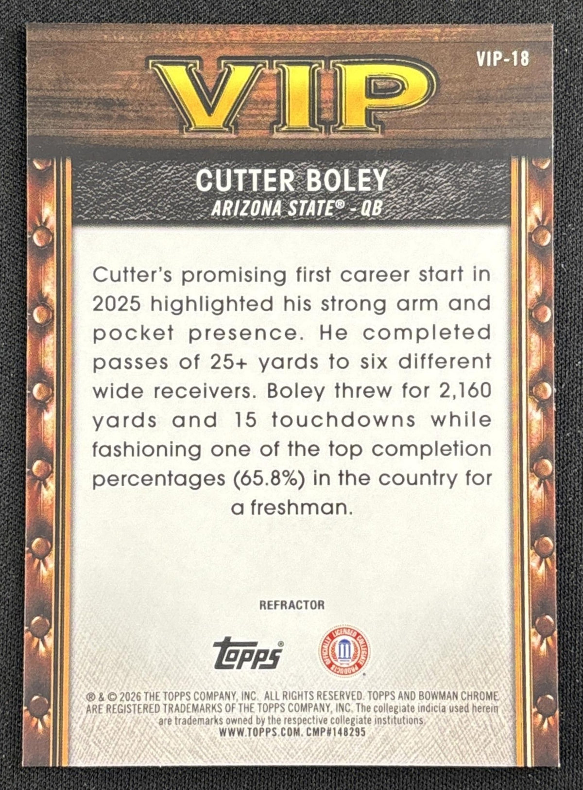 Cutter Boley 2026 Bowman Chrome Very Important Prospects Refractor Sun Devils