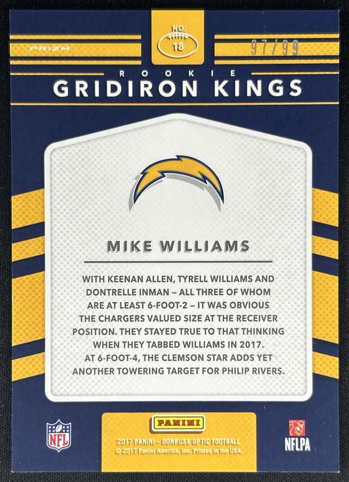 Mike Williams 2017 Panini Donruss Optic Rookie Gridiron Kings Red /99 Chargers back