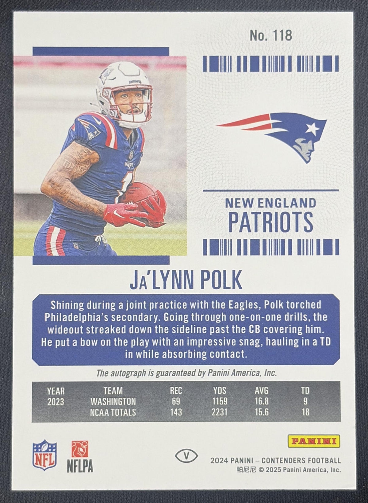 Ja'Lynn Polk 2024 Panini Contenders Optic Rookie Ticket RPS Auto Patriots