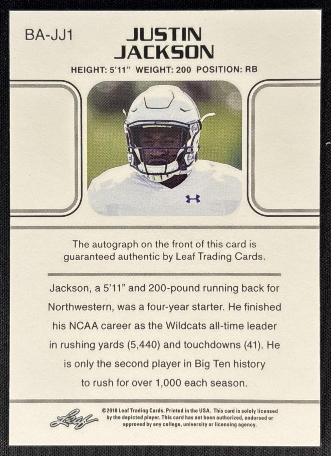 Justin Jackson 2018 Leaf Draft Auto back