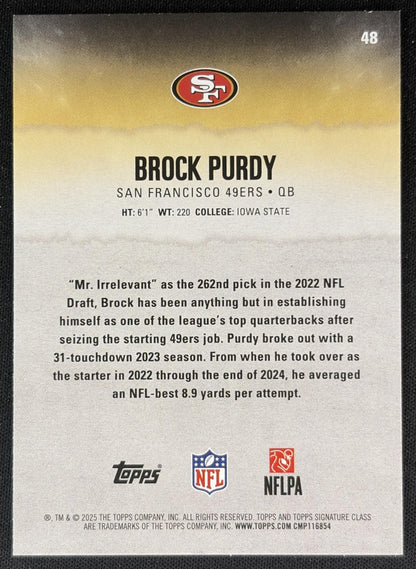 Brock Purdy 2025 Topps Signature Class Veteran Red & Black Foil 49ers back