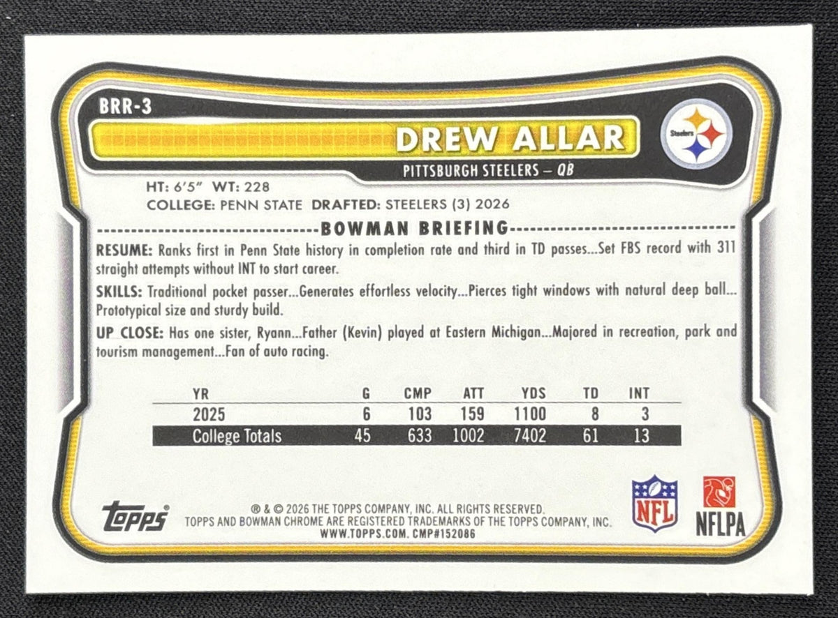 Drew Allar 2026 Bowman Chrome Red RC Variation Steelers Rookie