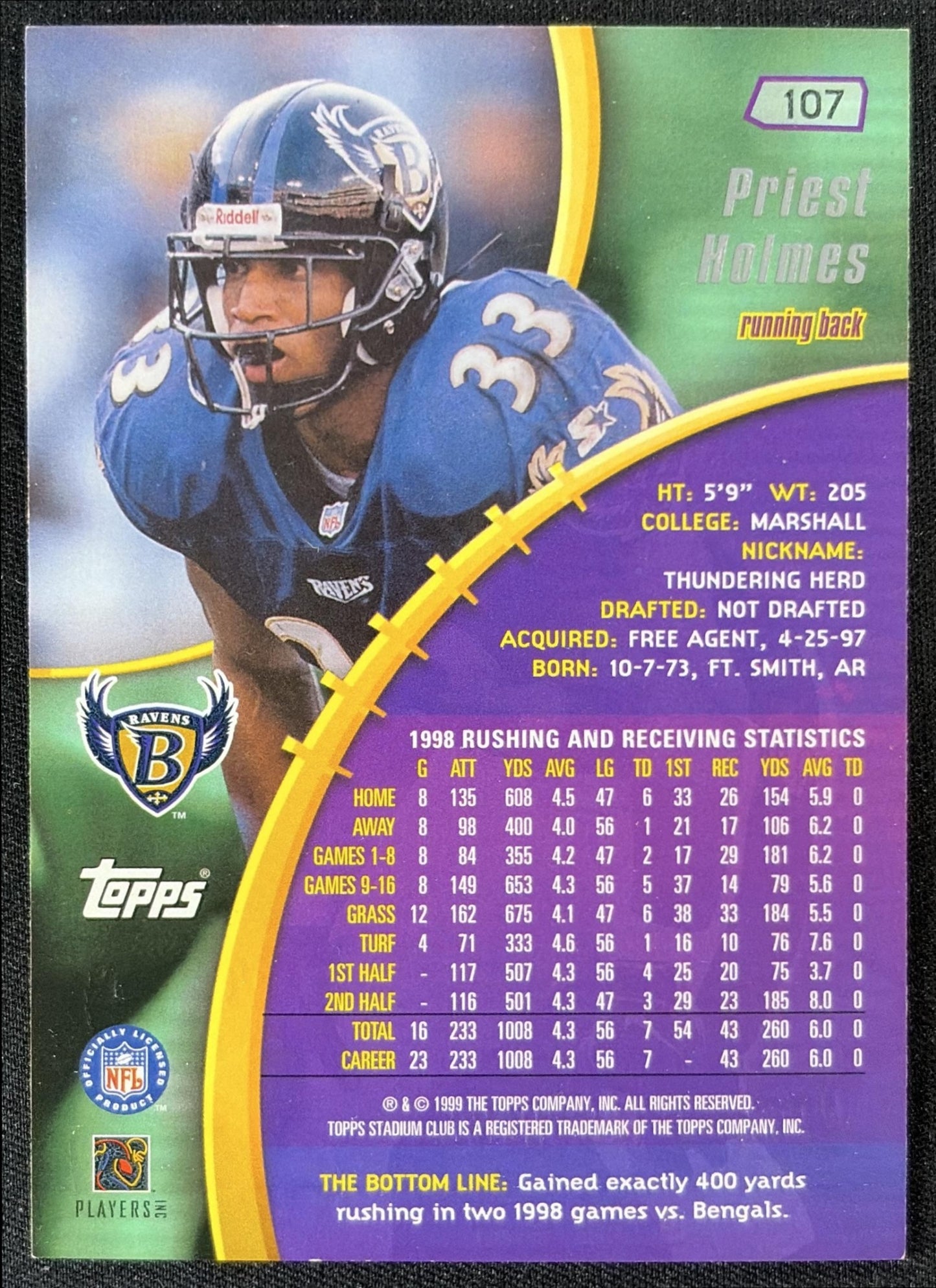 Priest Holmes 1999 Topps Stadium Club Ravens