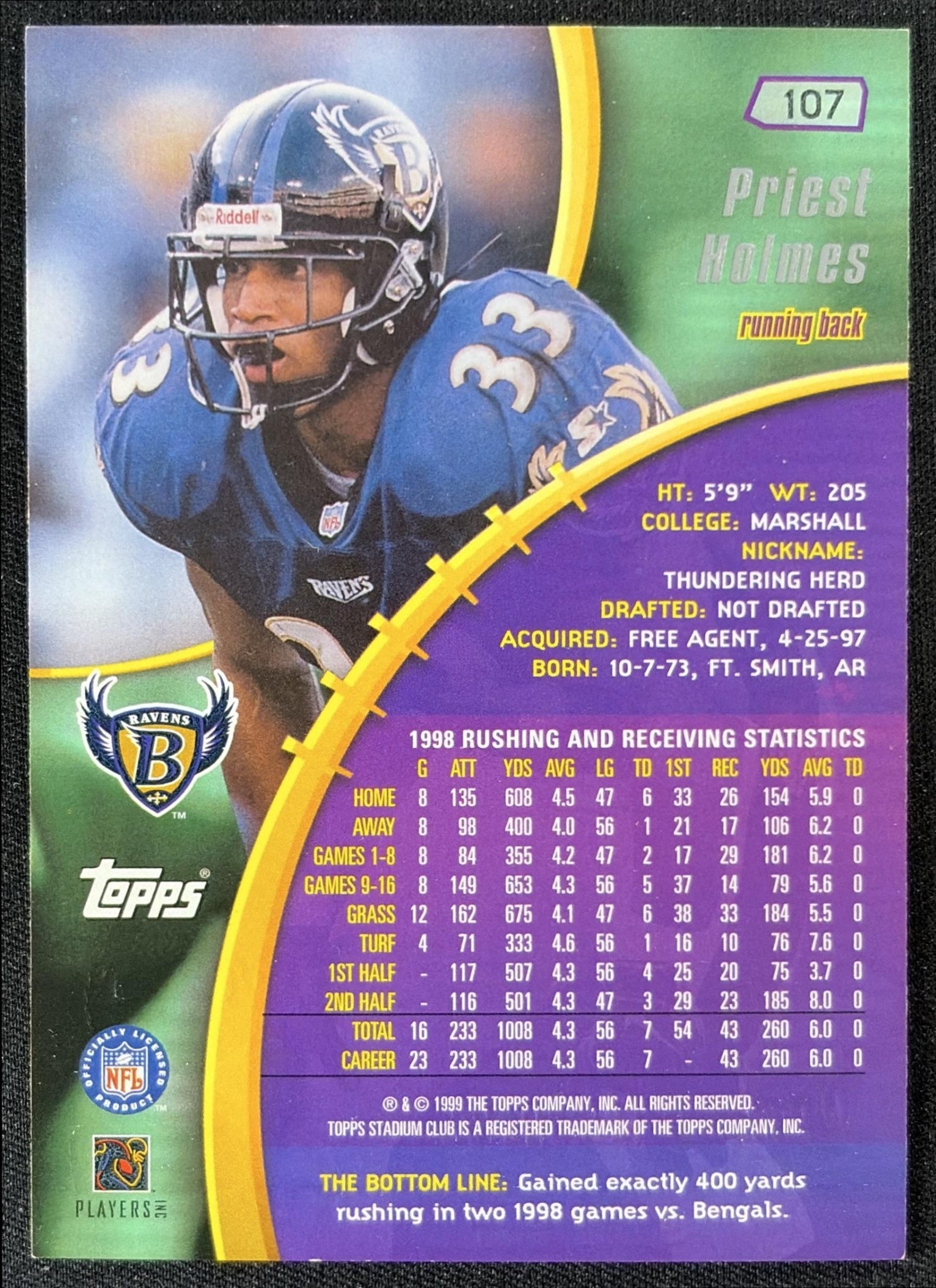 Priest Holmes 1999 Topps Stadium Club Ravens
