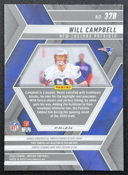 Will Campbell 2025 Panini Mosaic Rookies Mosaic Prizm Patriots