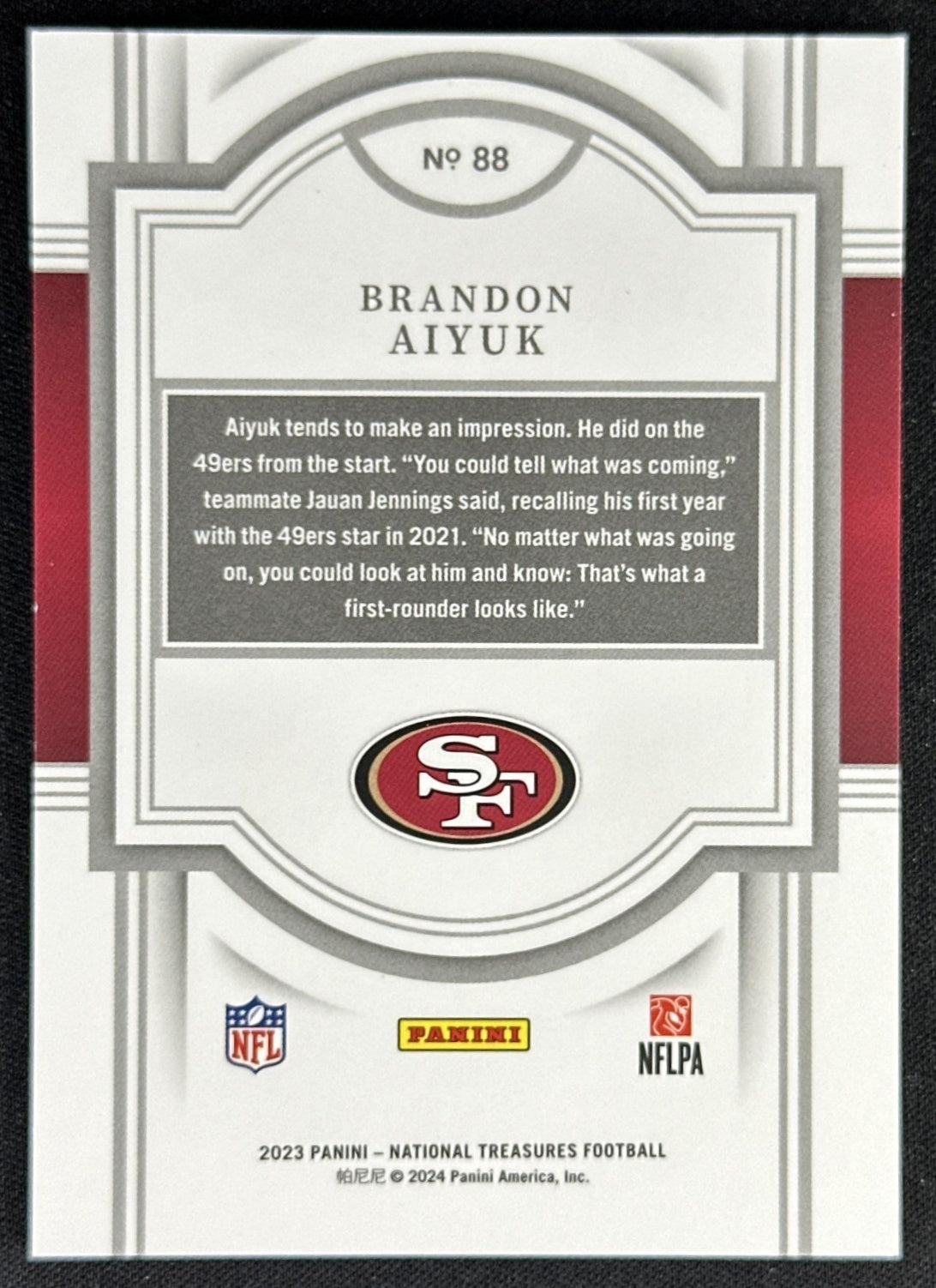 Brandon Aiyuk 2023 Panini National Treasures NFL Game Gear /99 49ers