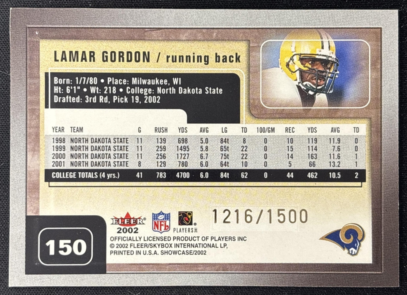 Lamar Gordon 2002 Fleer Showcase /1500 Rams back