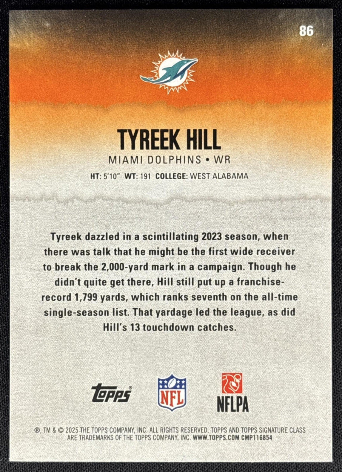 Tyreek Hill 2025 Topps Signature Class Veteran Blue & Yellow Foil Dolphins Sports Trading Cards