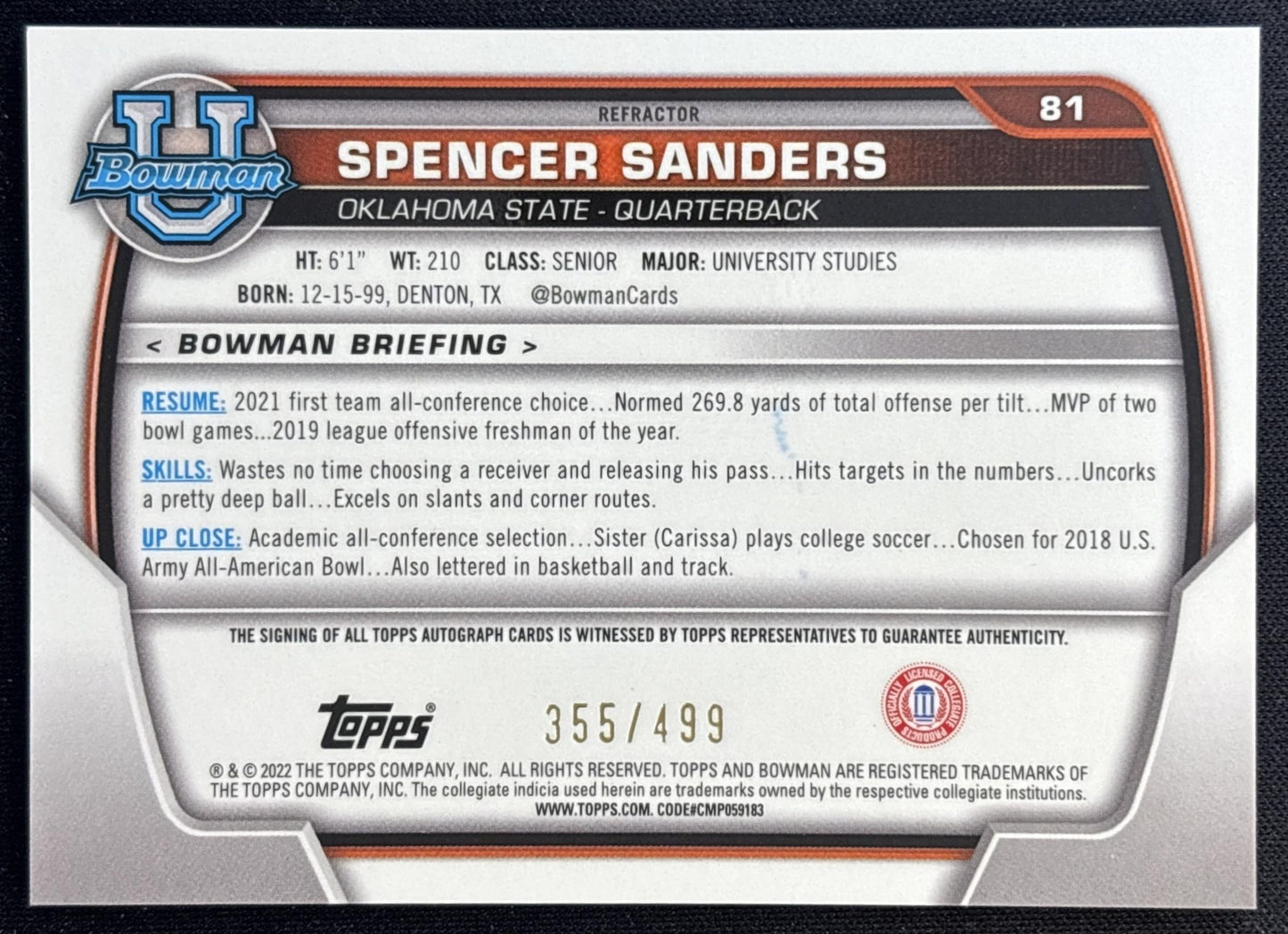 Spencer Sanders 2022 University Chrome Prospect Auto Refractor /499 Cowboys back