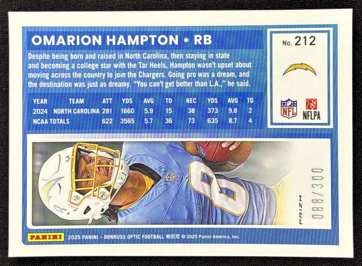 Omarion Hampton 2025 Panini Donruss Optic Rated Rookie Wave Prizm /300 Chargers - back