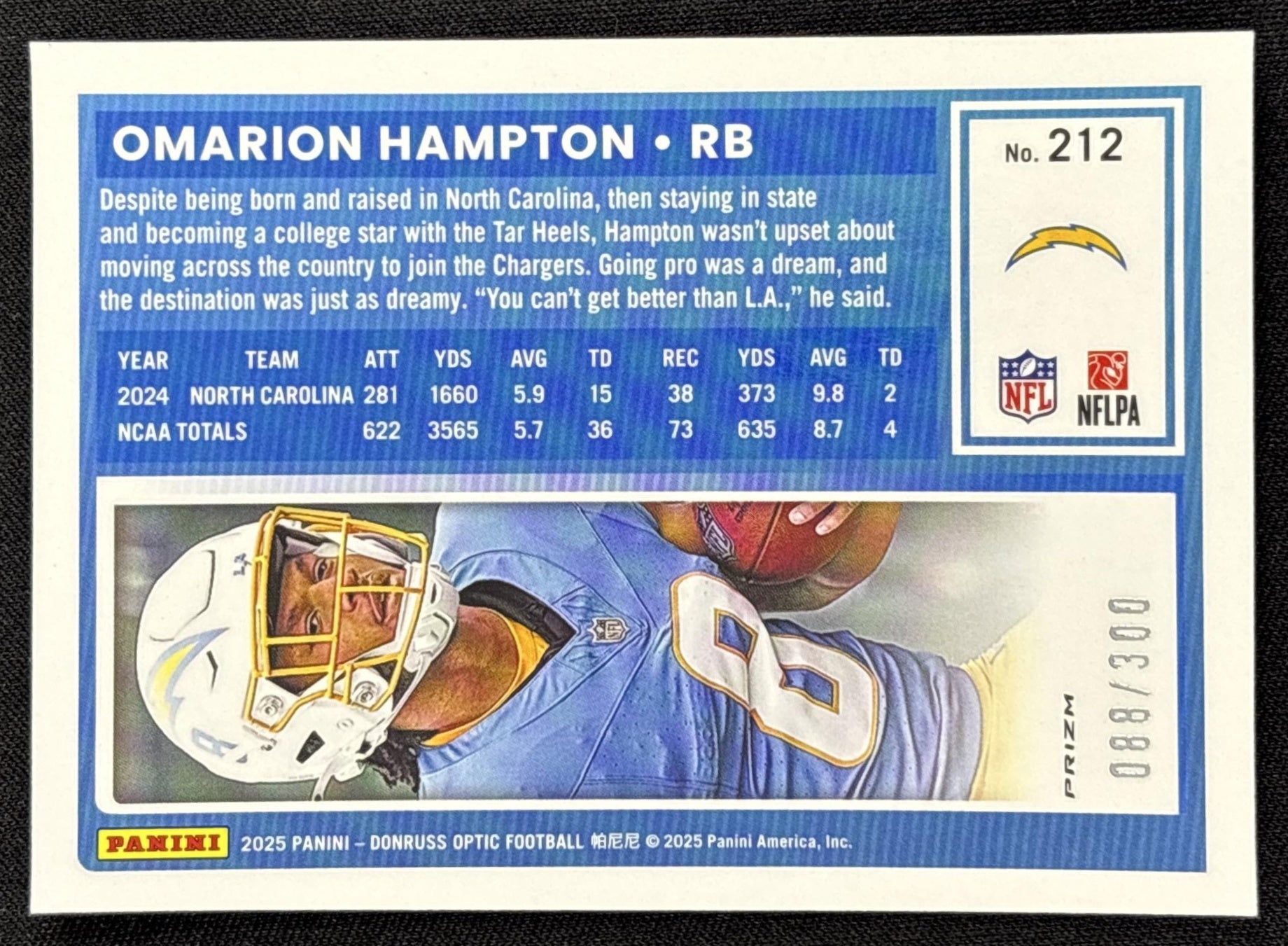 Omarion Hampton 2025 Panini Donruss Optic Rated Rookie Wave Prizm /300 Chargers - back