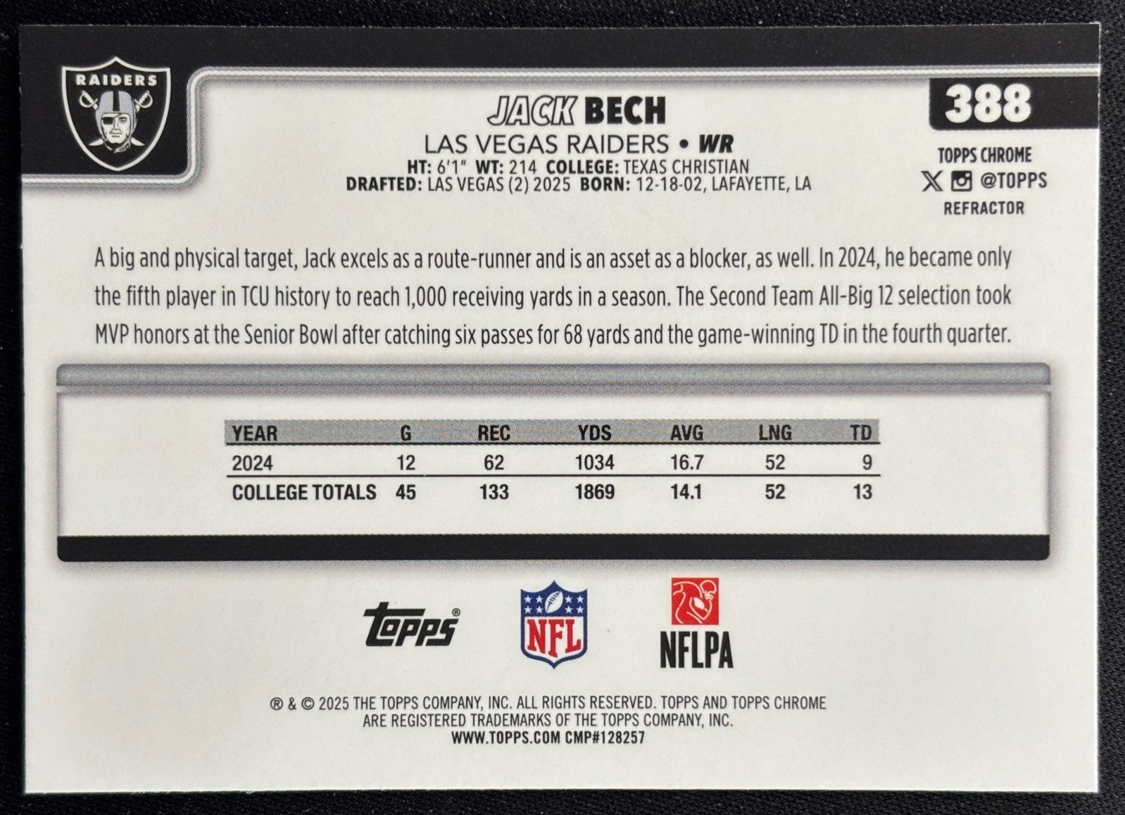 Jack Bech 2025 Topps Chrome Rookie Refractor Raiders Sports Trading Cards