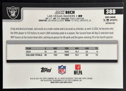 Jack Bech 2025 Topps Chrome Rookie Refractor Raiders Sports Trading Cards