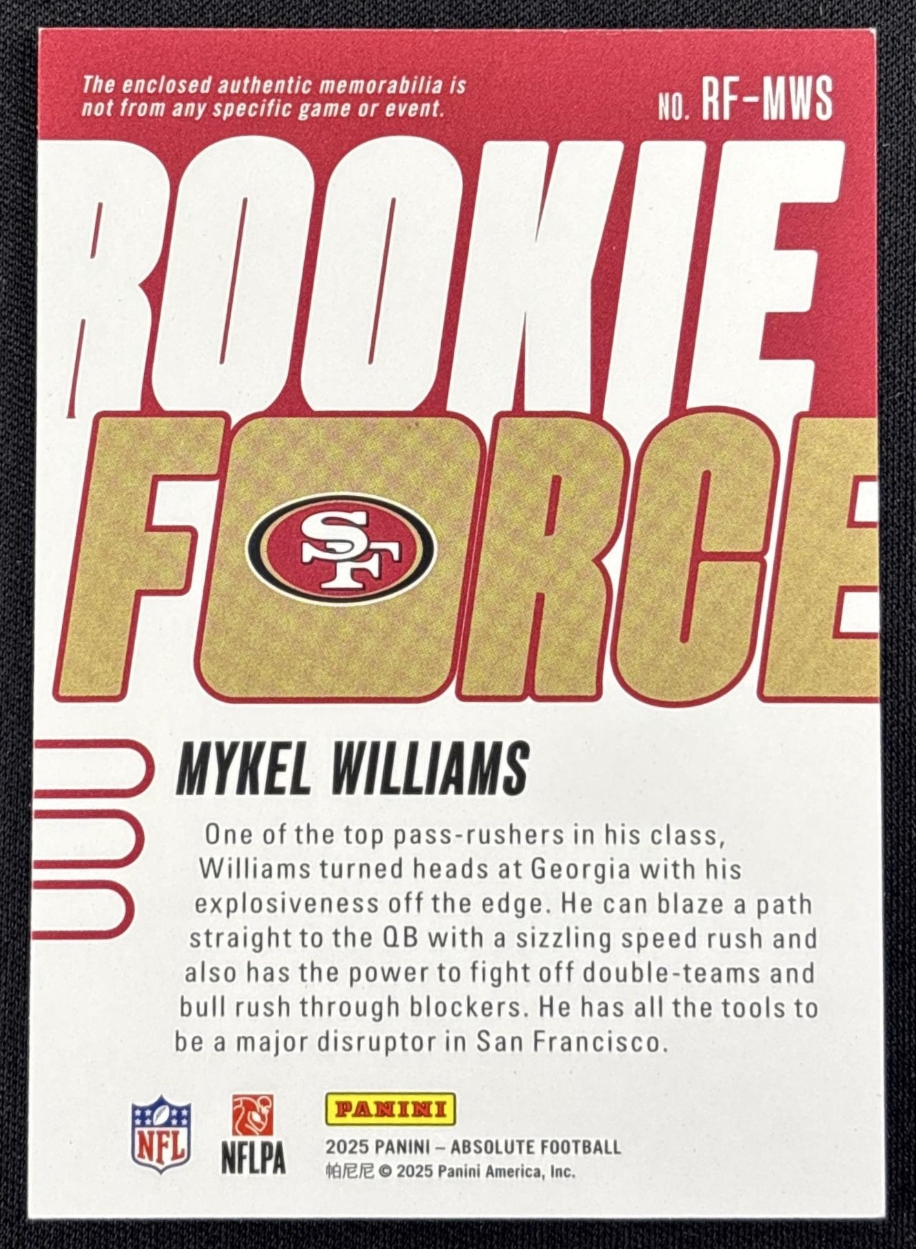 Mykel Williams 2025 Panini Absolute Rookie Force 49ers