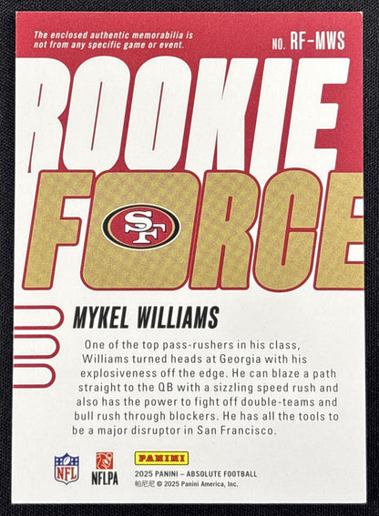 Mykel Williams 2025 Panini Absolute Rookie Force 49ers