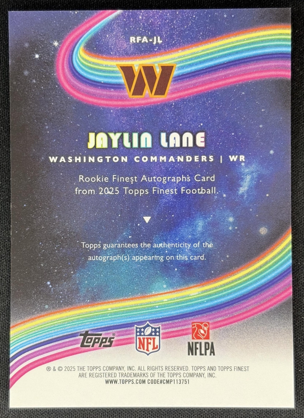 Jaylin Lane 2025 Topps Finest Rookie Auto Commanders back