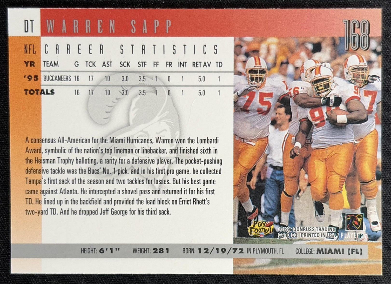 Warren Sapp 1996 Donruss Buccaneers Back