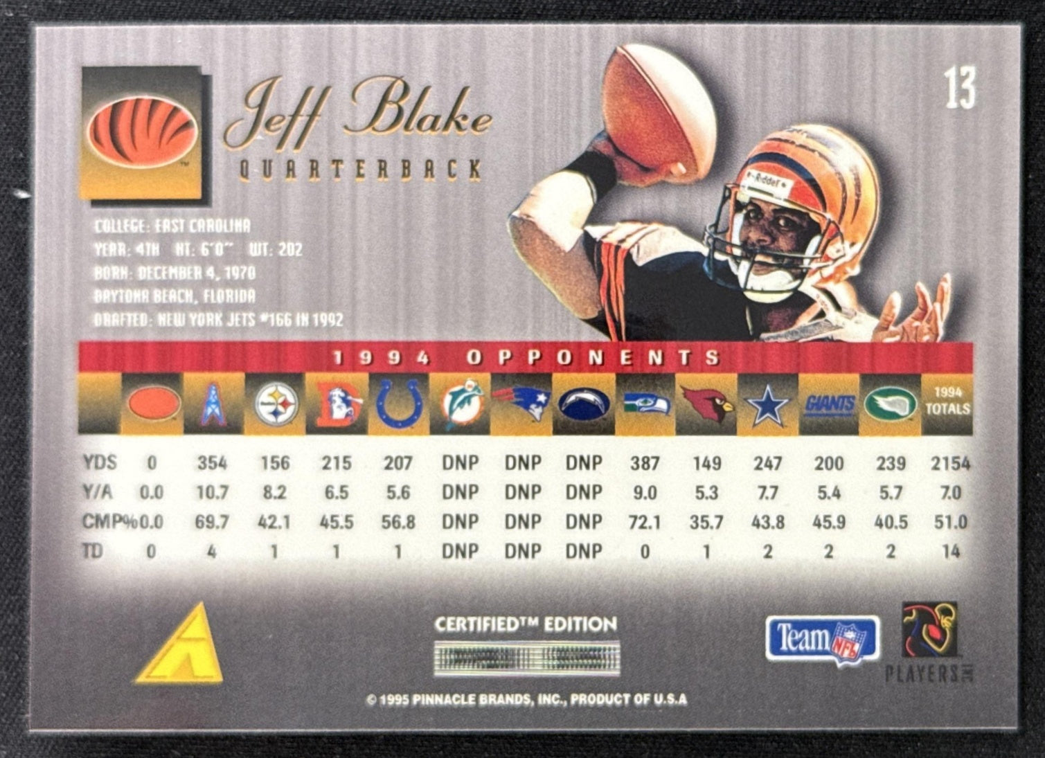 Jeff Blake 1995 Pinnacle Select Certified Bengals Sports Trading Card