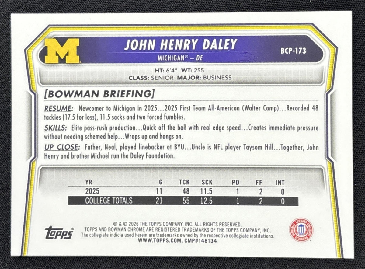 John Henry Daley 2026 Bowman Chrome Prospects Orange Reptilian Refractor /25 Wolverines Sports Trading Card