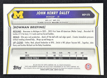 John Henry Daley 2026 Bowman Chrome Prospects Orange Reptilian Refractor /25 Wolverines Sports Trading Card
