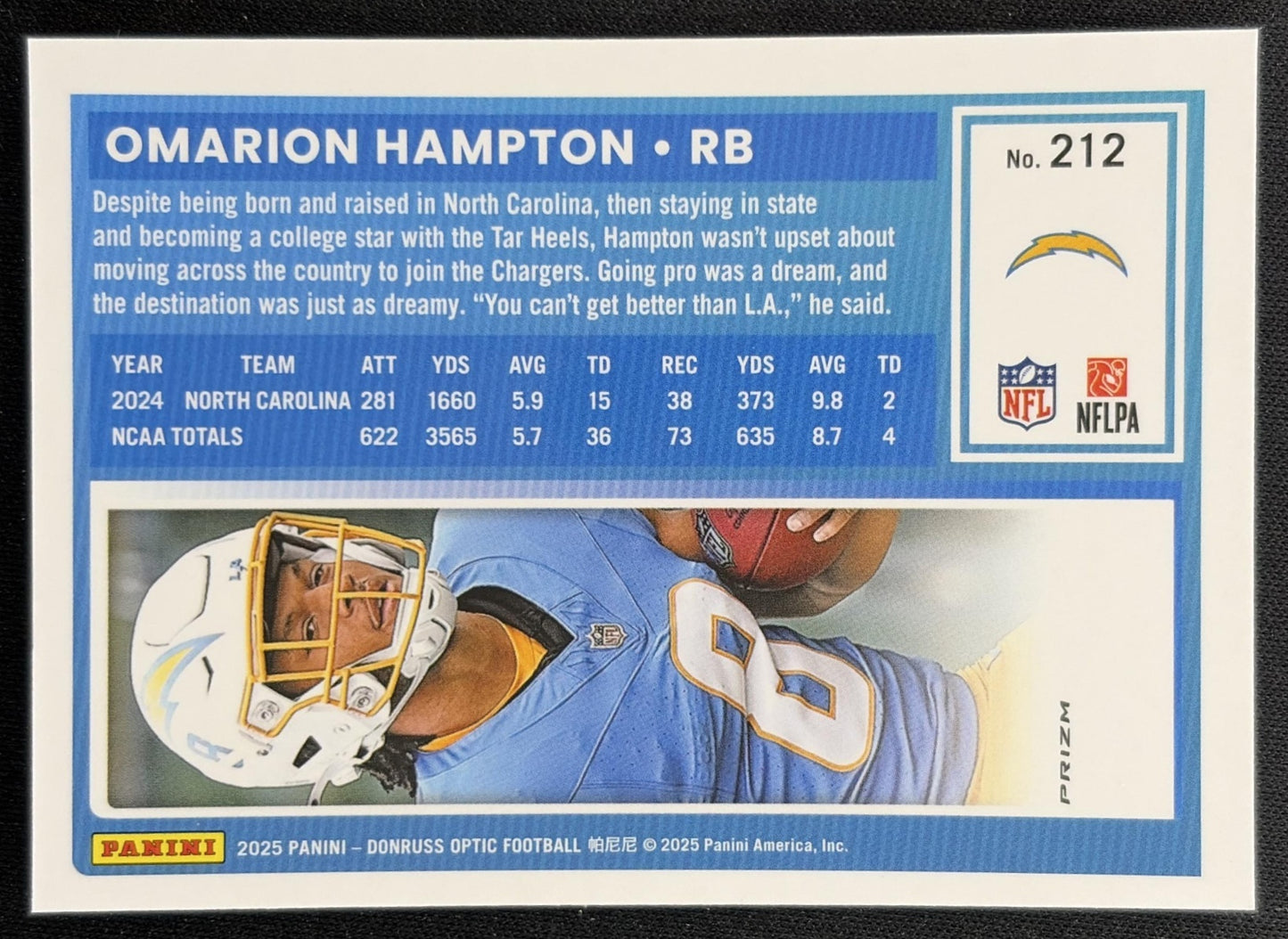 Omarion Hampton 2025 Panini Donruss Optic Rated Rookie Pink Prizm Chargers back