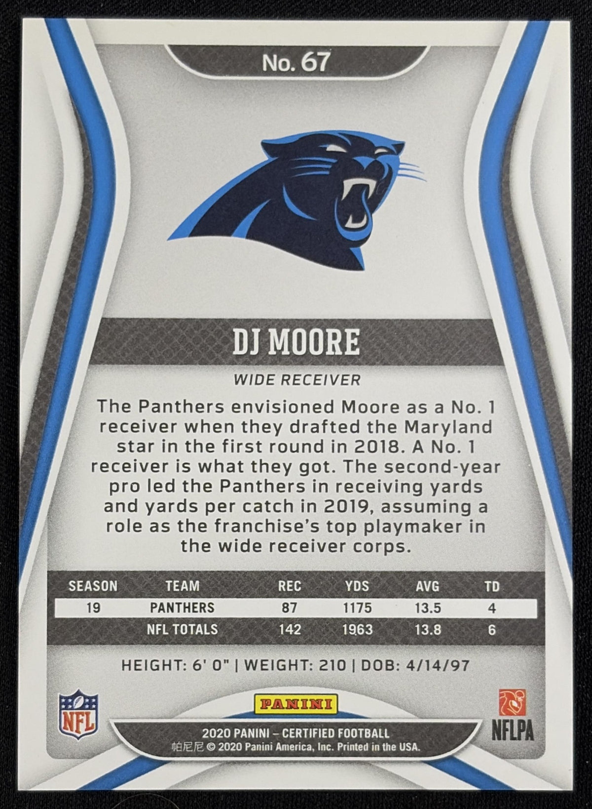 DJ Moore 2020 Panini Certified Mirror Gold /25 Panthers Carolina Panthers Back