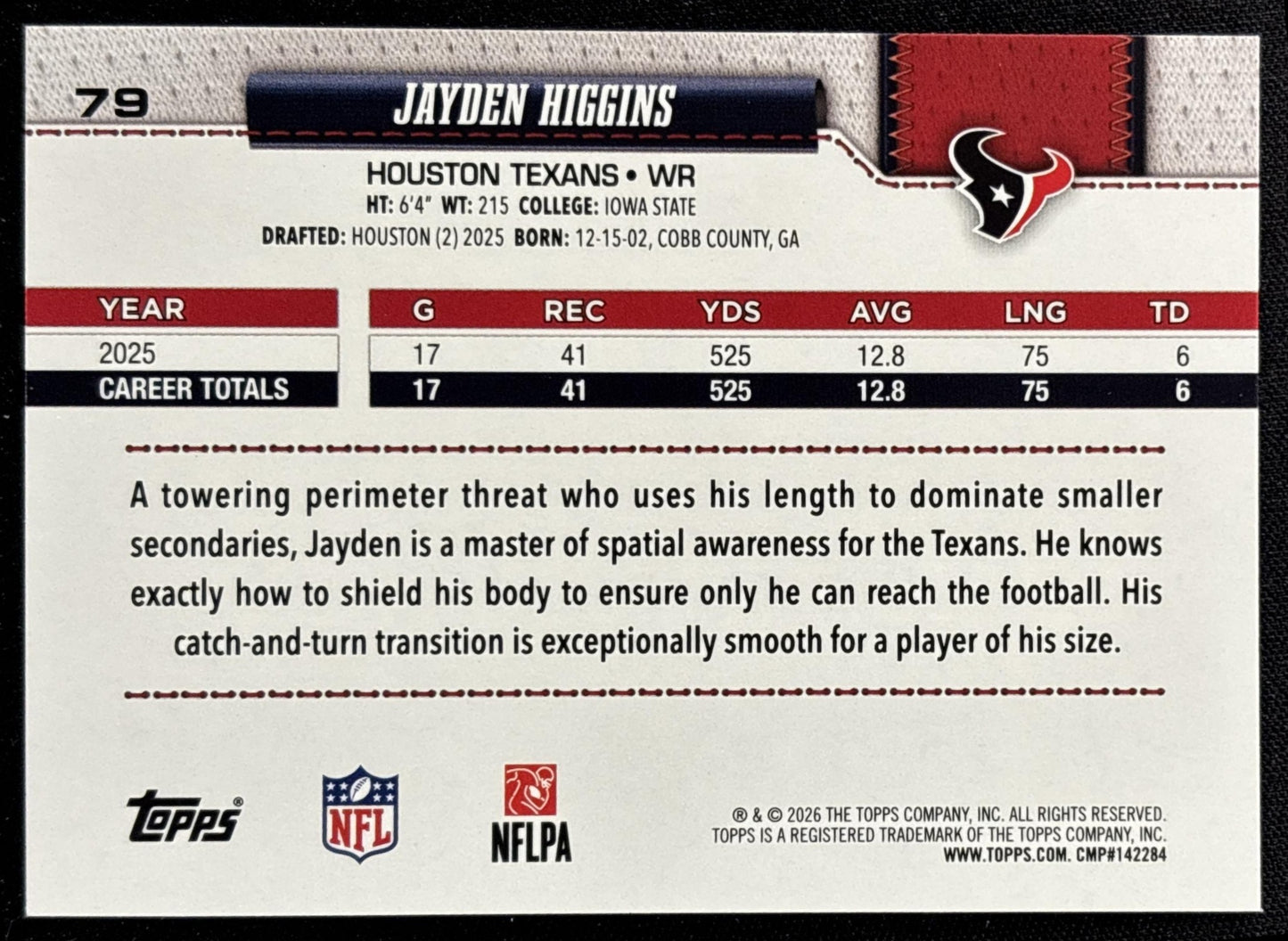 Jayden Higgins 2026 Topps Football Leather Foil Texans