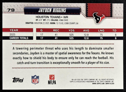 Jayden Higgins 2026 Topps Football Leather Foil Texans