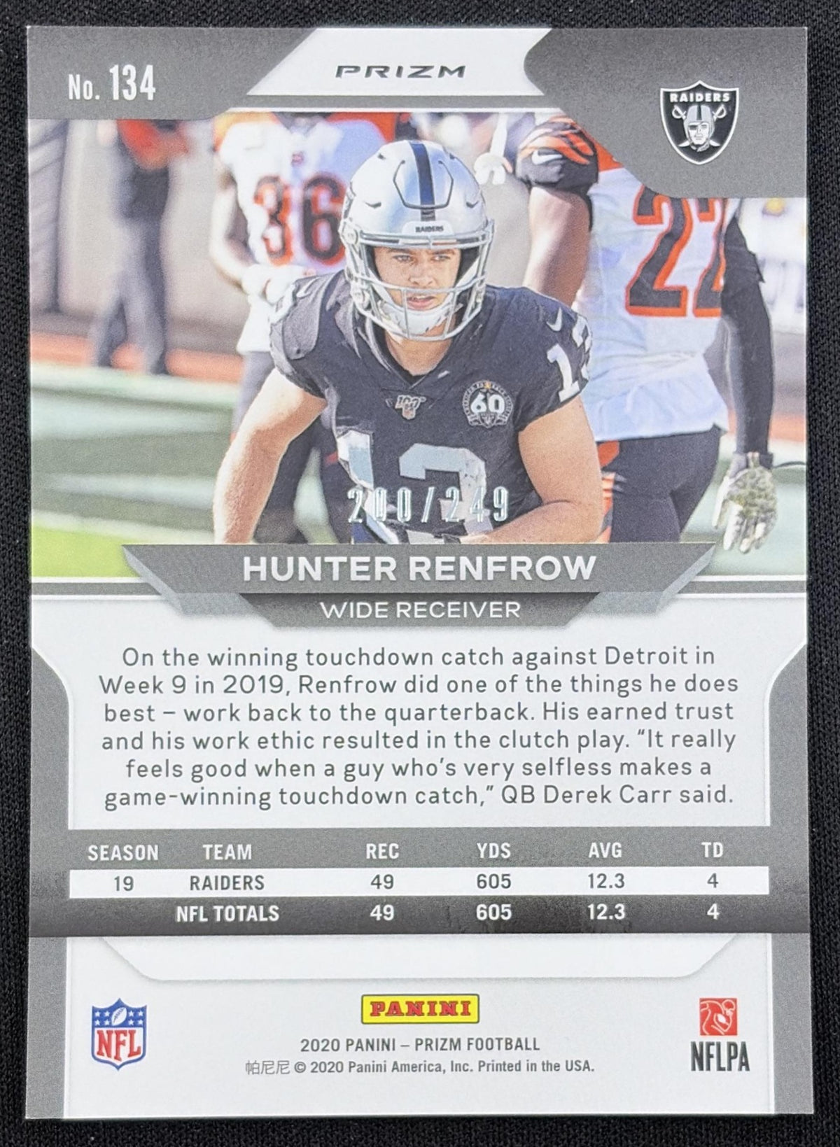 Hunter Renfrow 2020 Panini Prizm Orange /249 Raiders
