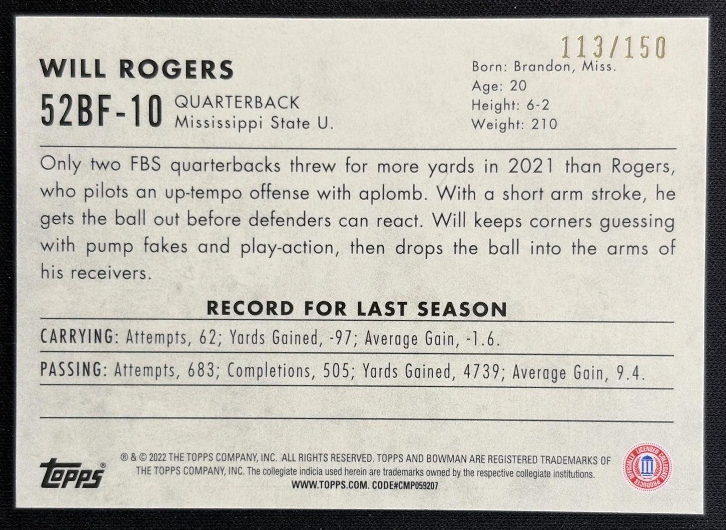 Will Rogers 2022 Bowman University Chrome 1952 Aqua Refractor /150 Bulldogs back