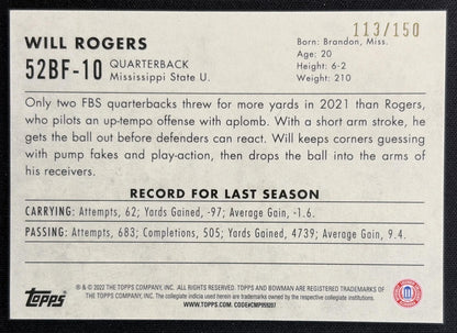 Will Rogers 2022 Bowman University Chrome 1952 Aqua Refractor /150 Bulldogs back