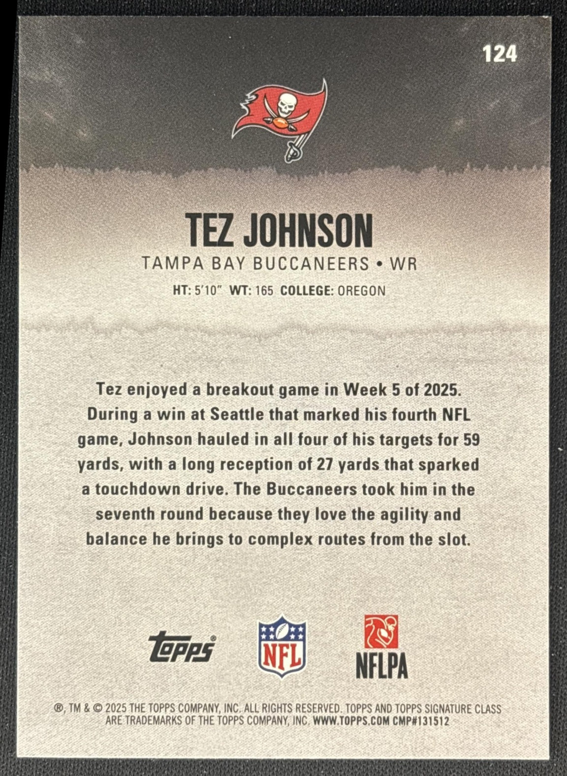 Tez Johnson 2025 Topps Signature Class Rookie Green & Purple Foil Buccaneers back