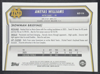 Aneyas Williams 2026 Bowman Chrome Prospects Mojo Refractor Fighting Irish