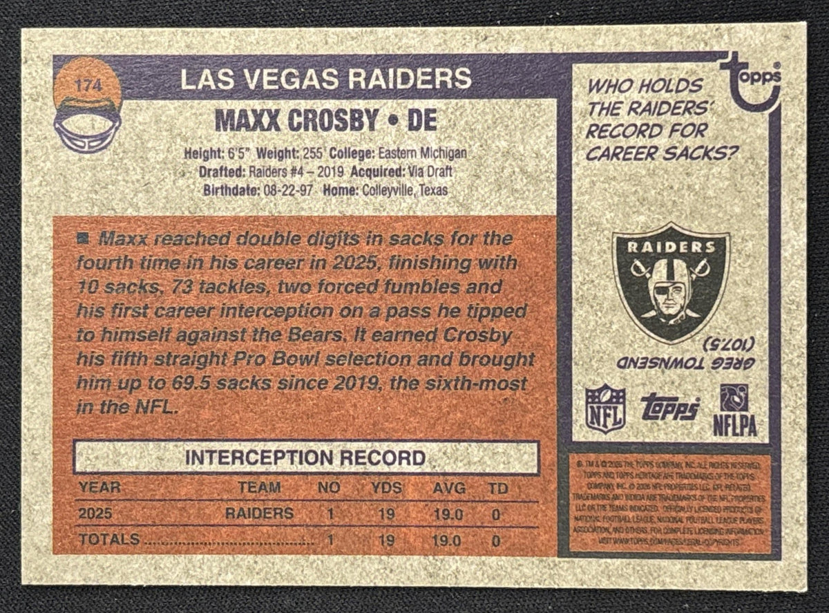 Maxx Crosby 2026 Topps Heritage Dark Green Border Raiders Sports Trading Card
