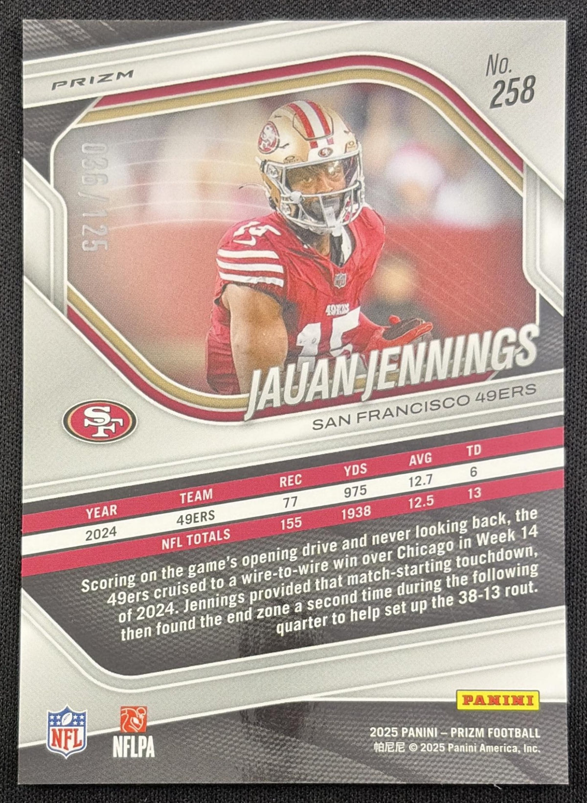 Jauan Jennings 2025 Panini Prizm No Huddle Blue /125 49ers San Francisco 49ers
