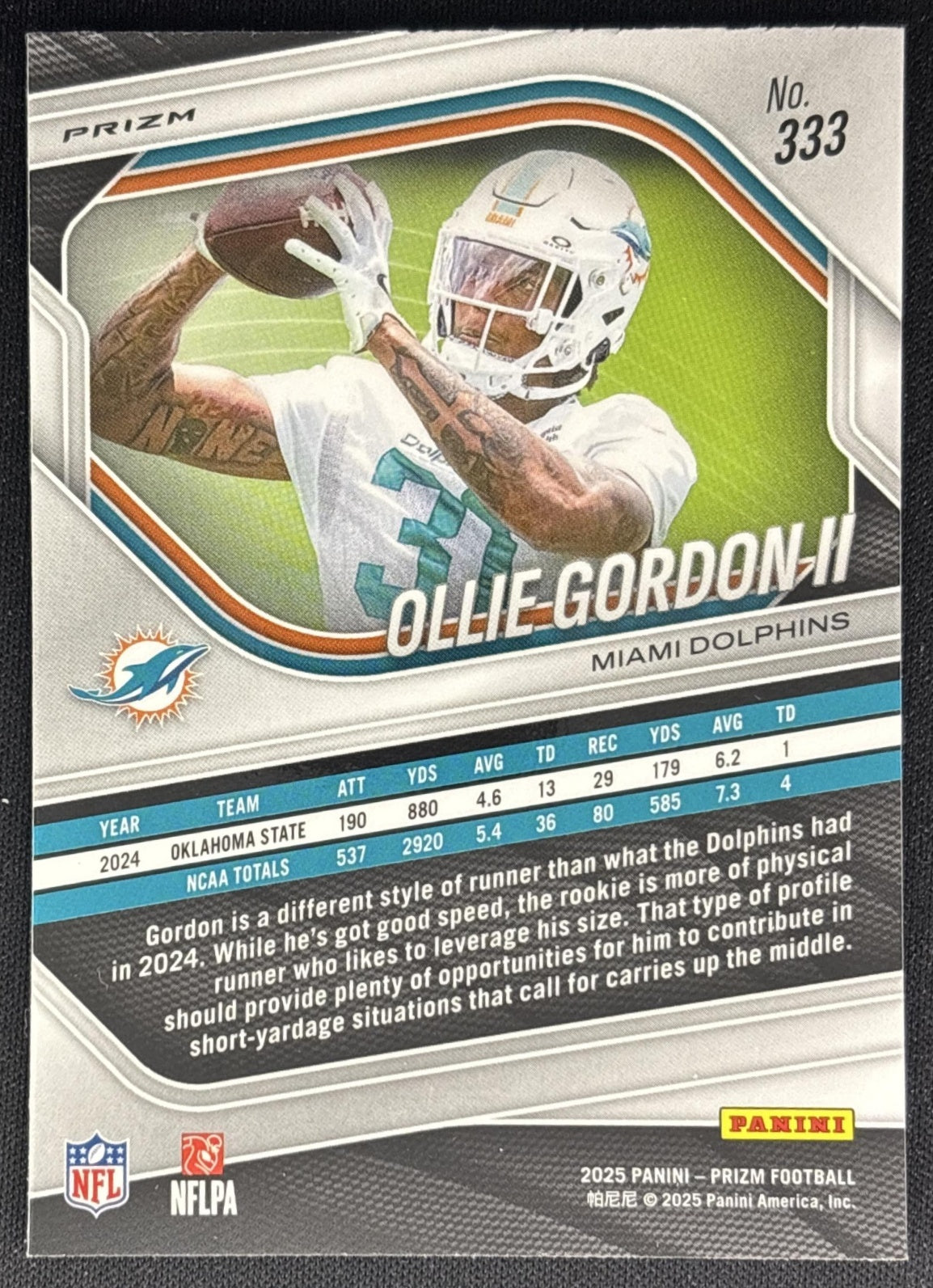 Ollie Gordon II 2025 Panini Prizm Neon Green Pulsar Dolphins back