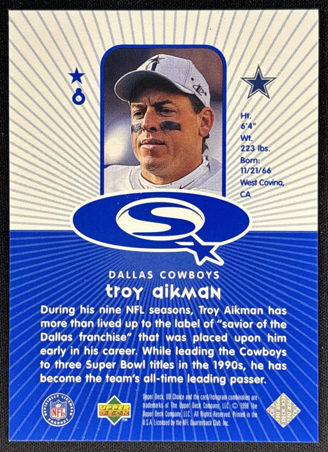 Troy Aikman 1998 Upper Deck Choice StarQuest Blue Cowboys Sports Trading Cards