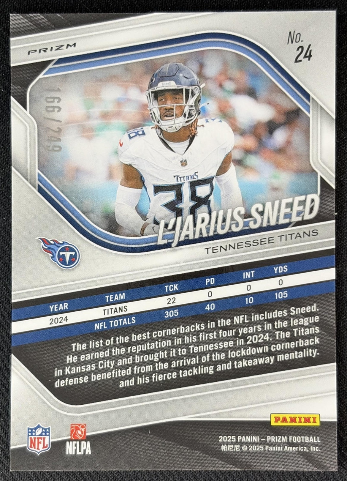 L'Jarius Sneed 2025 Panini Prizm Orange /249 Titans back
