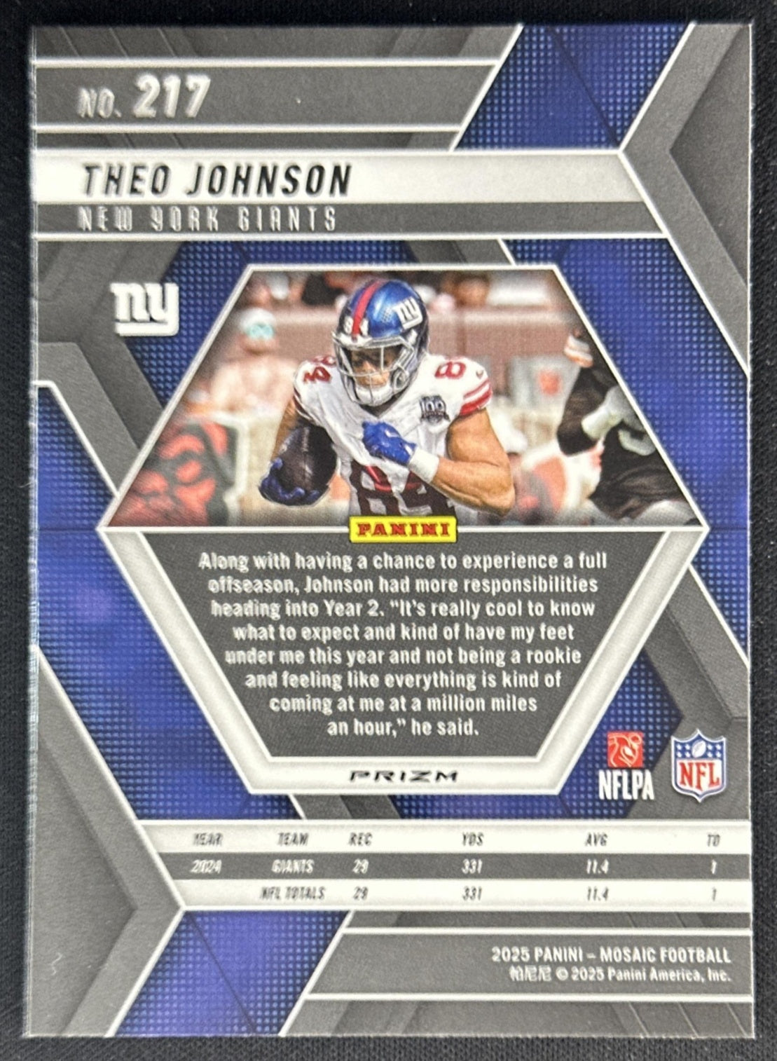 Theo Johnson 2025 Panini Mosaic No Huddle Silver Prizm Giants Sports Trading Cards