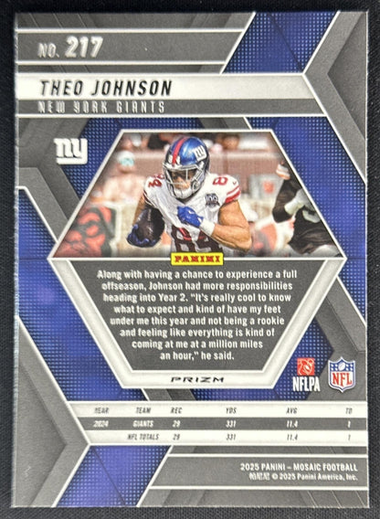 Theo Johnson 2025 Panini Mosaic No Huddle Silver Prizm Giants Sports Trading Cards