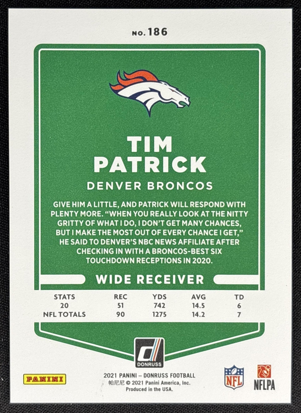 Tim Patrick 2021 Panini Donruss Press Proof Premium Broncos Sports Trading Card