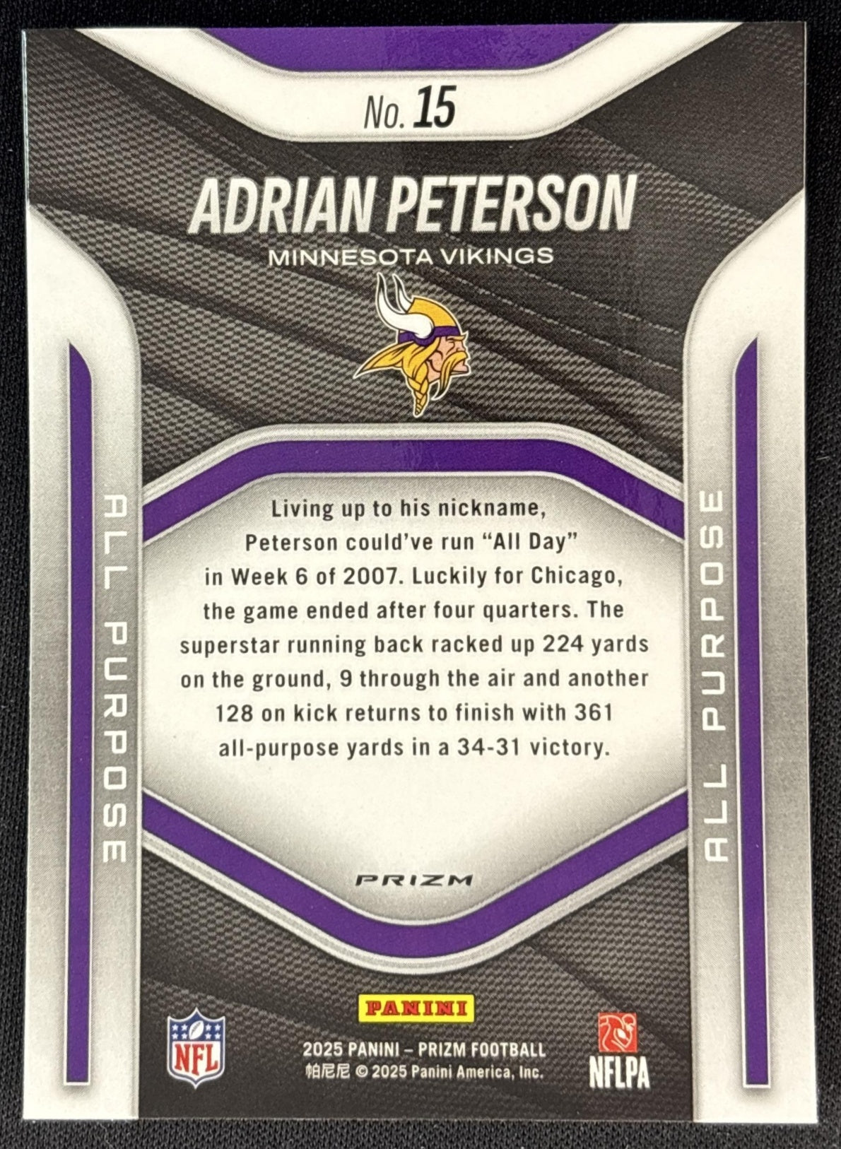 Adrian Peterson 2025 Panini Prizm All Purpose Silver Vikings back