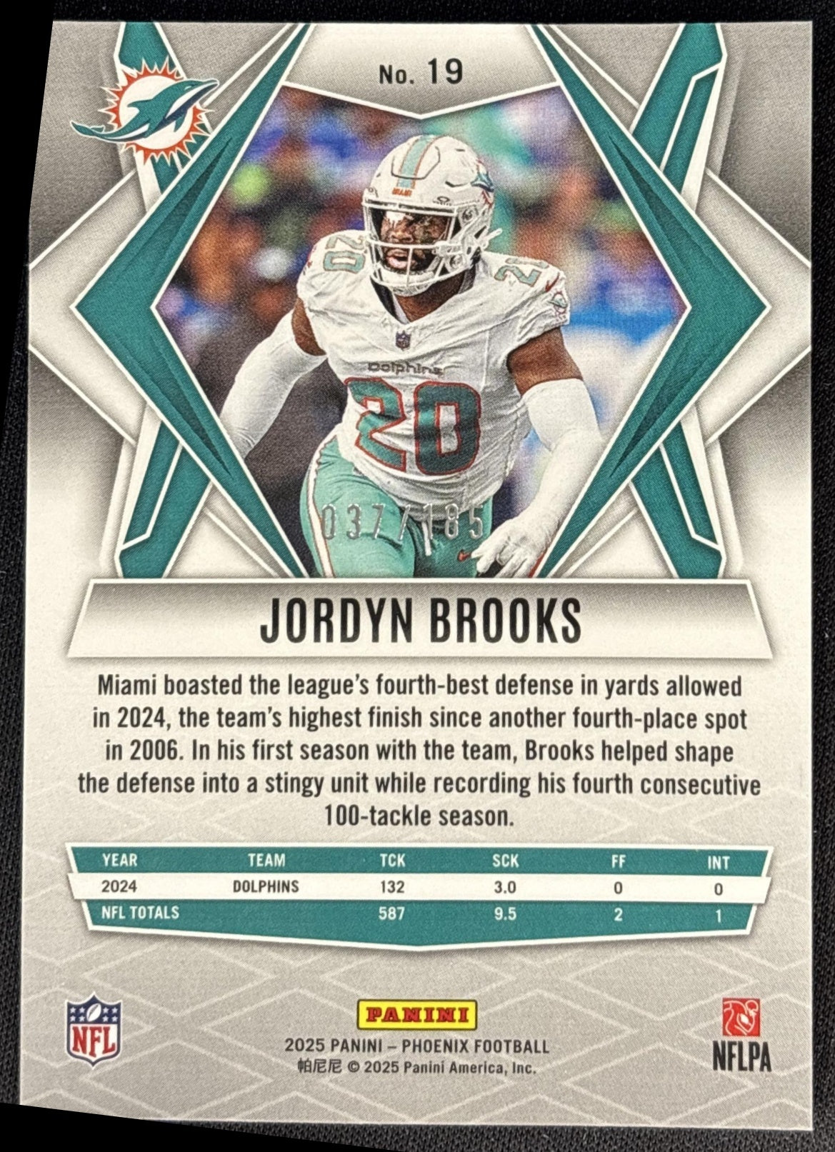 Jordyn Brooks 2025 Panini Phoenix Yellow Pyramids Prizm /185 Dolphins